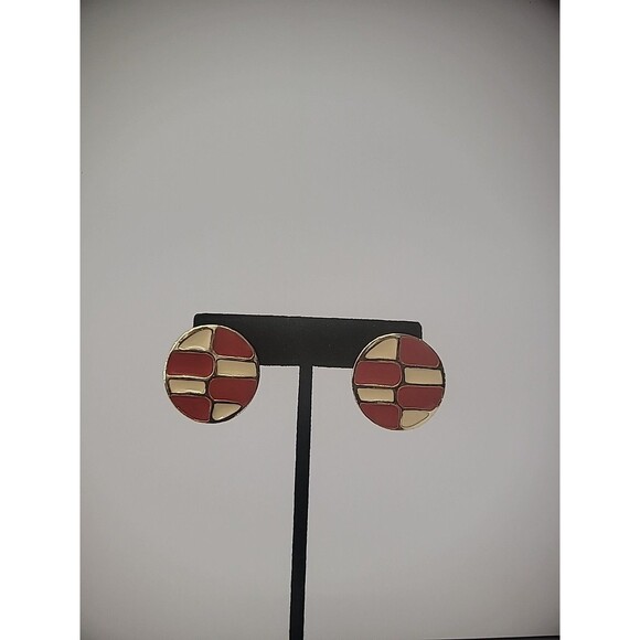 Vintage Gold Tone Pierced Earrings Stud Womens Red Beige Pattern Jewelry Costume - Picture 1 of 10